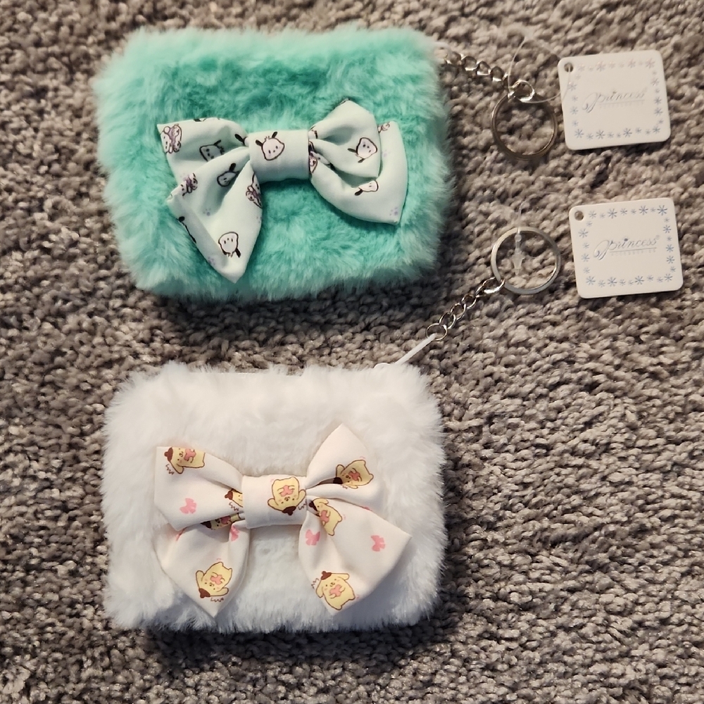 Pochacco & PomPom Style Fuzzy Bow Keychain Pouch Set - Mint Green and White